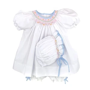 NWT Petit Ami White Blue Smocked 3Pc Bishop Dress Newborn Baby Girls Bonnet NB - Picture 1 of 3