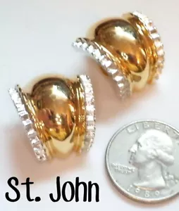 Signed ST JOHN 22K Yellow & White Gold Plate Wide Half Hoop Clip Earrings $295 - Picture 1 of 4