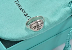 Please Return To Tiffany & Co Silver Oval Signet Band Ring Size 4.5 & Pouch Rare - Picture 1 of 4