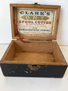 Clark’s Spool Cotton Wooden Advertising Box 4 3/4” X 3 1/4” Decoupage Top - Picture 1 of 6