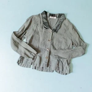 Cut Loose Gray Lagenlook Ruffle Hem 100% Linen Collared Button Jacket Size M - Picture 1 of 8