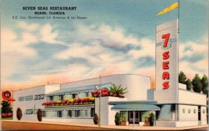 Miami, Florida SEVEN SEAS RESTAURANT Roadside Art Deco 1940s Linen Postcard - Picture 1 of 2
