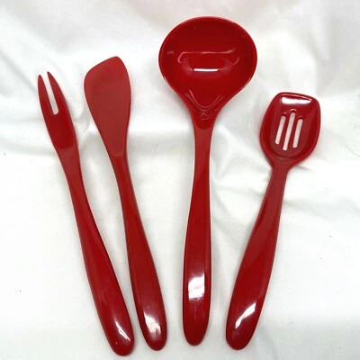 1995 Hutzler Gourmac Red Melamine Utensil Set Spatula Slotted Spoon Ladle Fork - Image 1 of 4