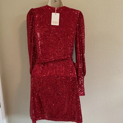 GB Sequin Red Dress Belted dress Silver Red Faux Wrap Size Juniors XS - Image 1 of 4