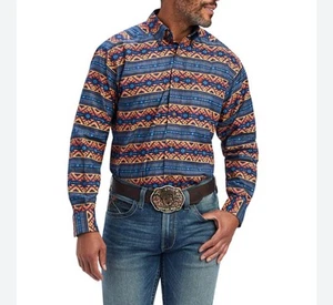 Ariat SouthWestern Aztec Stripe Men Size M Long Sleeve Cotton Shirt Blue Orange  - Picture 1 of 11