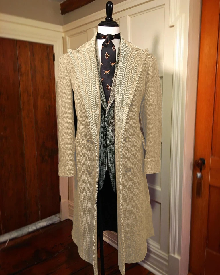 Abrigo largo vintage para hombre formal negocios pico ancho solapa tweed espiga abrigo Foto 1 de 4