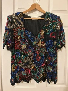 Vintage Laurence Kazar Top Women’s Size L Large 100% Silk Beaded Sequins - Picture 1 of 11