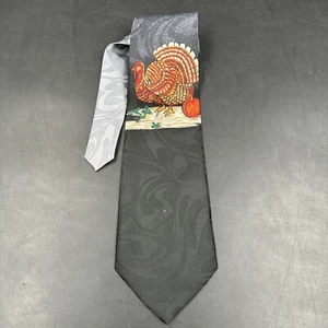 Corbata vintage Steven Harris negra gris poliéster pavo acción de gracias otoño - Imagen 1 de 11