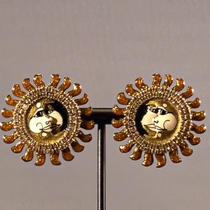 Lunch At The Ritz Swarovski Crystal Celestial Sun Moon CLIP Earrings VINTAGE E7 - Picture 1 of 4