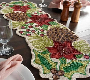 36" Beaded Poinsettia and Pinecone Table Runner by Valerie - Picture 1 of 1