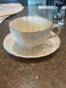 Antique Belleek Teacup & Saucer Ireland Tridacna Shell Gold Edge  Black Mark - Picture 1 of 9