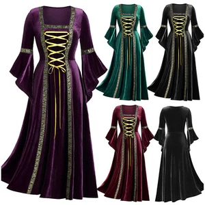 Costumi Donna Rinascimento Halloween Irlandese Over Lungo Abito Velluto Abito Medievale - Foto 1 di 11