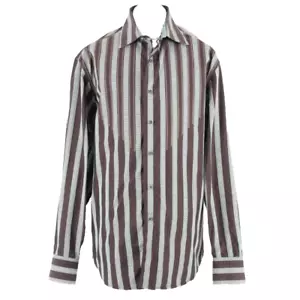 Robert Graham Gr. L braun aquamarin Streifen bestickt Reverse Manschette Baumwolle Seide Hemd - Bild 1 von 13