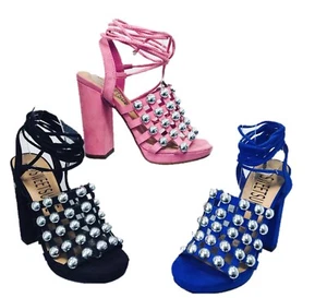 Womens Ladies Platform Heel Sandals Lace Up Bubble Studded Party Shoes Size 3-8 - Picture 1 of 10