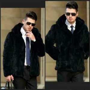 Fashion Mens Winter warm Faux Rabbit Fur Black Coat Jacket Hoodie Outwear N447 - Picture 1 of 4