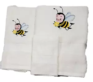 Honey Bee with Flowers Embroidered Cream Bath Towels - Wash, Hand, Bath - Picture 1 of 2