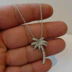 1.00 Ct Round Diamond Palm Tree Pendant Necklace 14K White Gold Over Free Chain - Picture 1 of 4