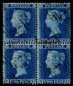 1855 2d Blue SG 34 Pl 5 DD-EE Scarce Block of 4 Light Cancels VFU Cat. £1,000.00 - Picture 1 of 1