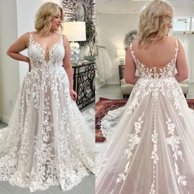 Vestidos de noiva apliques de decote V profundo vestidos de noiva de tule plus size linha A - Imagem 1 de 4