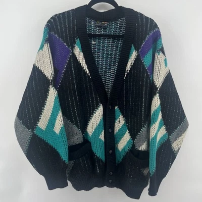 Vintage Coogi Cardigan Pure Wool Men’s Sz Large Black Purple Teal FLAW See Pics - Image 1 of 4