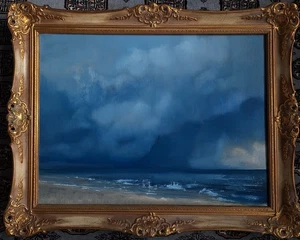Original XL Ölgemälde Oil Sea Meer Gewitter Wolken Impressionismus Prunkrahmen - Bild 1 von 15