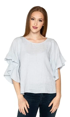 VELVET By Graham & Spencer Alberta Linen Ruffle Sleeve Top Blue S $184 A4 159 - Image 1 of 2