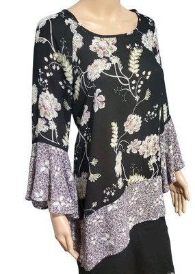 Spence Tunic Large Bell Sleeves Mixed Print Floral Sharkbike Hem Flowing Top - Image 1 of 4