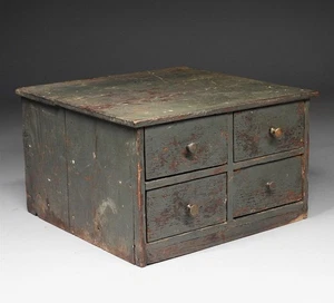 Antigua caja de almacenamiento de especias de 4 cajones de pino pintura azul antiguo primitivo país C.1900 - Imagen 1 de 15