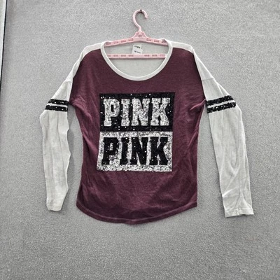 Victoria's Secret PINK Women Shirt L Burgundy Colorblock Raglan Sequin Crew - Image 1 of 4