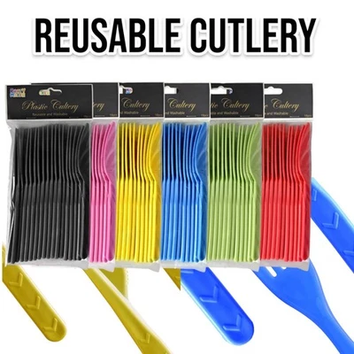 Reusable Plastic Cutlery (18.5cm) - Strong & Durable in Knifes Forks Spoons Mix - Image 1 of 4