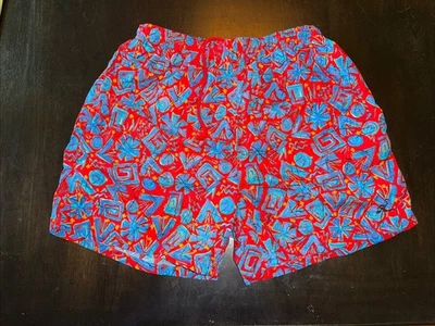 Vintage 1980s Men’s HOBIE Colorful Loud Swim Trunks L 4.25” Inseam Red Blue - Image 1 of 4