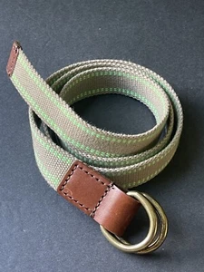 GAP Mens Canvas Belt Med Green Khaki Stripe Brown Leather Trim Casual Career - Picture 1 of 6