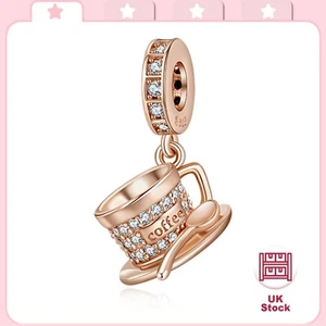 Authentic New Rose Gold Complete Coffee Cup Set Dangle S925 Women Bracelet Charm - Picture 1 of 6