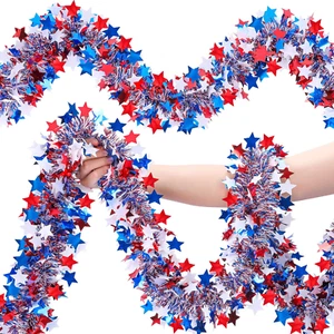 52.5 Ft Patriotic Glitter Tinsel Garland Decoration, Red White Blue Star Metalli - Picture 1 of 12