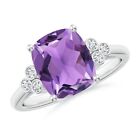 Sterling Silver 925 Amethyst Cushion 8X6mm Trio Stone Ring With Rhodium Plated