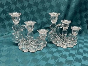 Pair of Cambridge Rose Point 3 Light Triple Taper Clear Etched Candle Holders - Picture 1 of 5