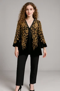 Coldwater Creek Top Womens Peite PM Black Gold Floral Velvet Burnout Silk Slit - Picture 1 of 17