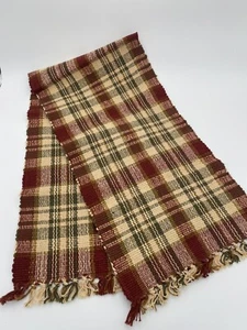 Plaid Table Runner Woven Fringed 53 x 13.5” Red/Green/Beige Farmhouse Cottage - Picture 1 of 4