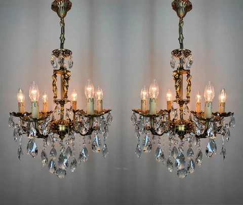 Pair Of Antique Vintage Brass & Crystal French Chandeliers With 6 Arms Angels Cover