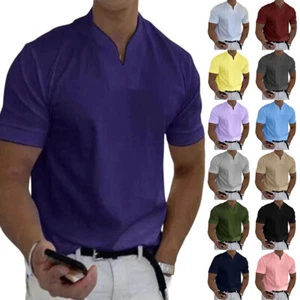 Mens Retro Collarless Grandad Plain Shirts Tops Causal Hippy Cotton Pocket Tee - Picture 1 of 28