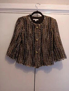 Cabi Paris Wool Blend Boucle Tweed Fringe Blazer Jacket Brown Size Medium - Picture 1 of 15
