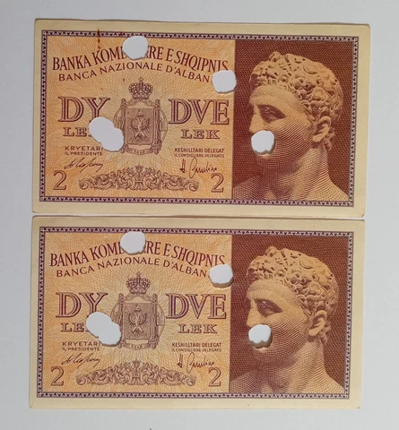 Albania 2 Lek 1940 consecutive w cancelled holed P#9 UNC Cover