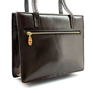 Gucci Bamboo patent leather shoulder bag Dark Brown Logo Auth From Japan - Picture 1 of 24