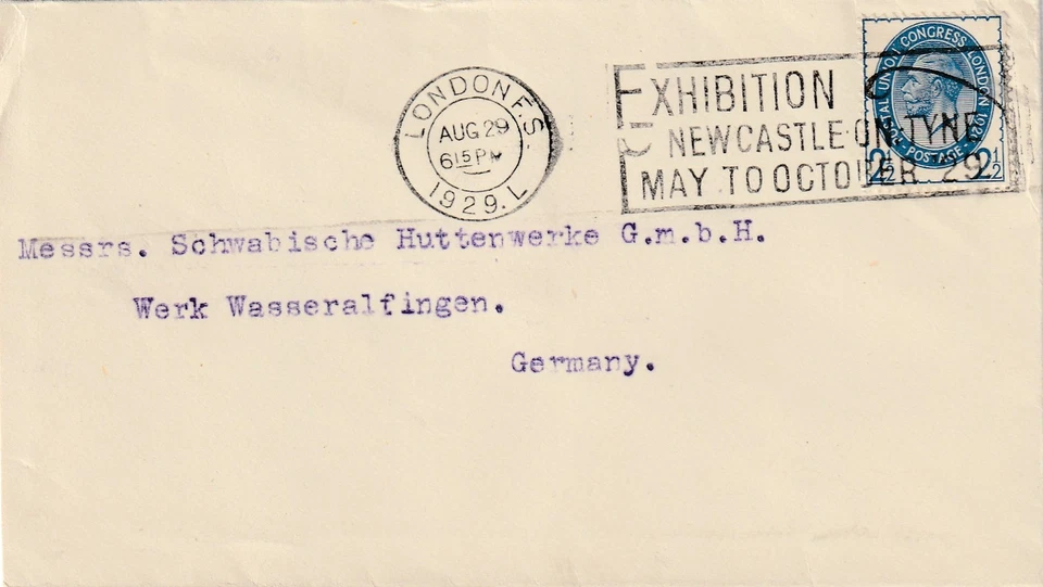 GB to Germany LONDON George V 2d halfpenny PUC Newcastle Exhibition Slogan 1929 - Image 1 of 1