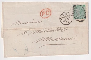 GB. QV. SG 117, 1/- green , plate 5 on wrapper to Messine, Italy. 1872. - Imagen 1 de 2