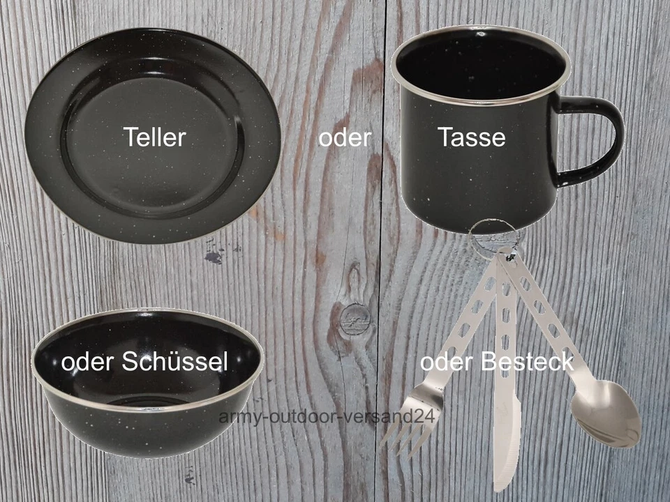 Emaille Campinggeschirr wählbar Tasse Teller Besteck Schüssel schwarz Email  - Bild 1 von 1