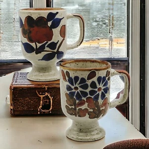 Otagiri Japan Stoneware Mug Floral Blue Brown Speckled Footed Pedestal Cup Set 2 - Picture 1 of 12