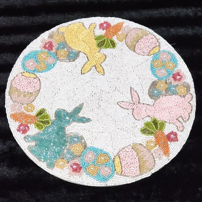 Pastel Pink Aqua Easter Bunnies & Eggs on Pearl White Hand Beaded 15" Placemat - Image 1 of 4