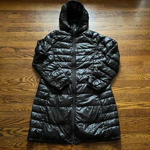 Uniqlo Premium Light Long Parka Daunen Puffer Jacke Damen L schwarz glänzend Kapuze - Bild 1 von 9