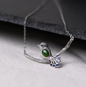 I05 Collier Argent 925 Oiseaux Avec de Coloris Vert Jaspe Sur Un Brindille - Imagen 1 de 5